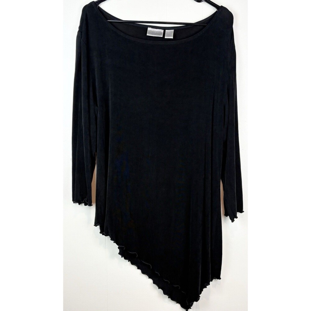 Chicos Travelers Sz 3 Black Tunic Blouse Asymmetrical Lagenlook Office Workwear